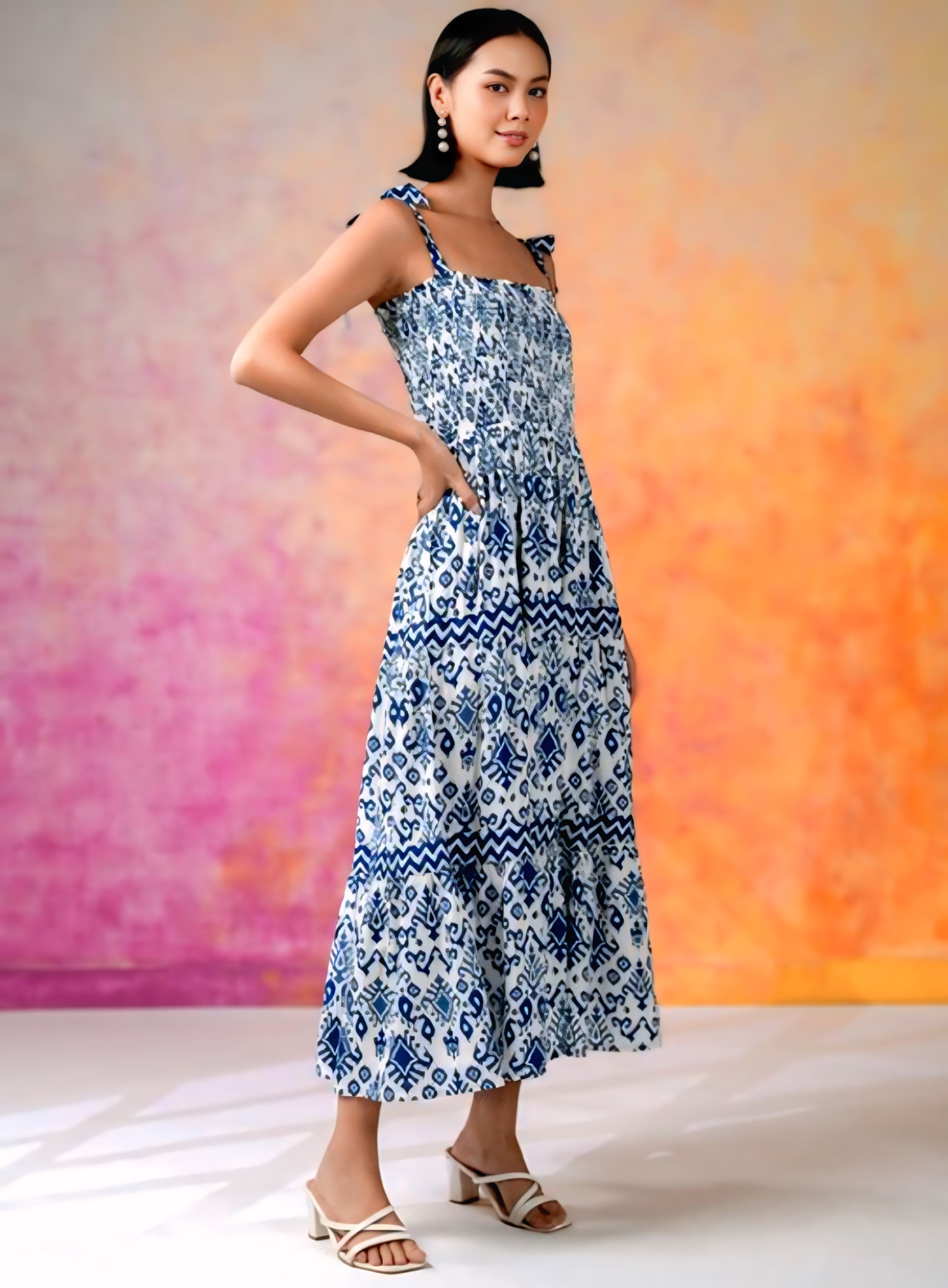 Navy Blue Ethnic Motif Printed Midi Dress