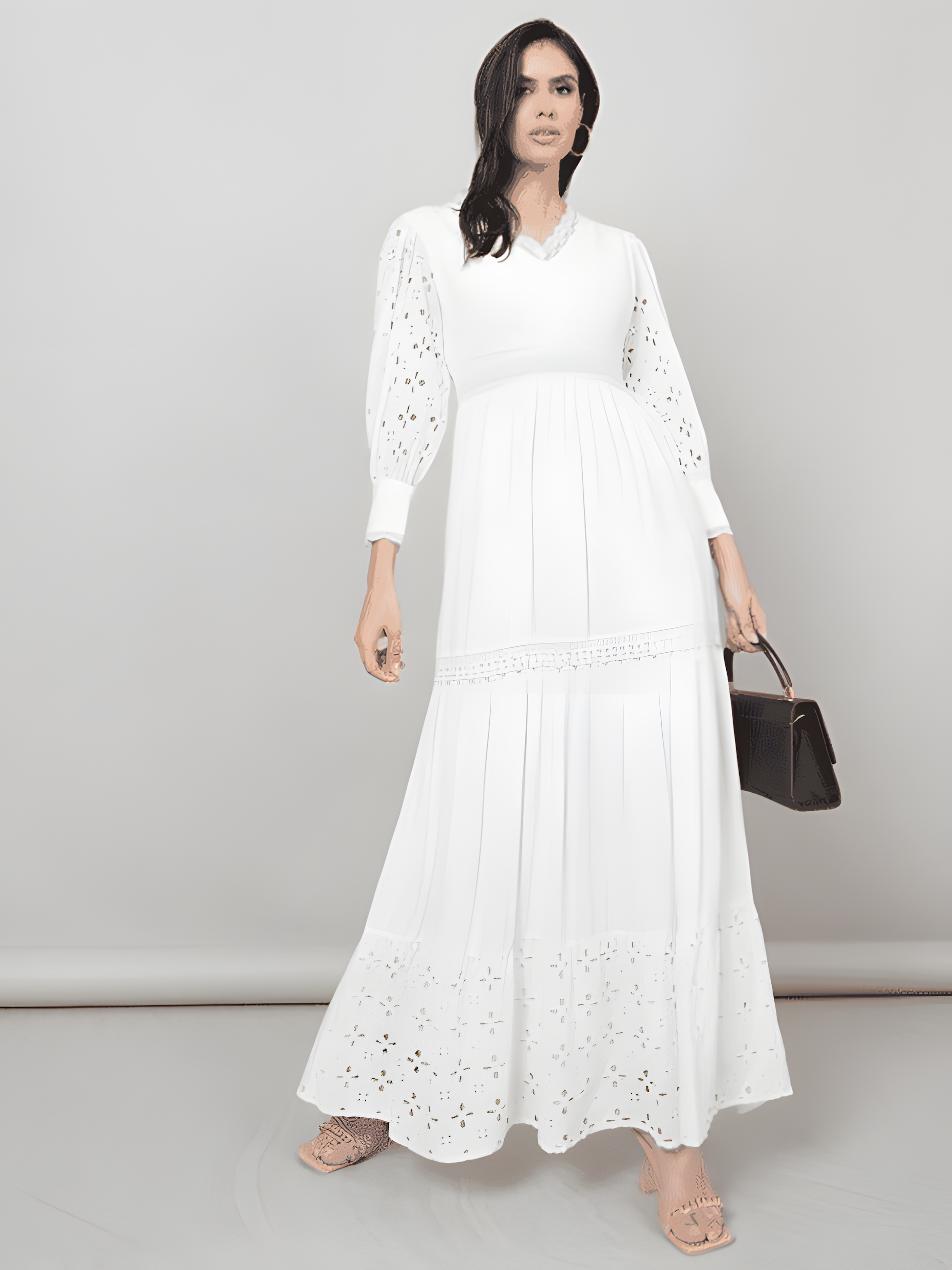 White Broderie Detail Lace Insert A-Line Maxi Dress