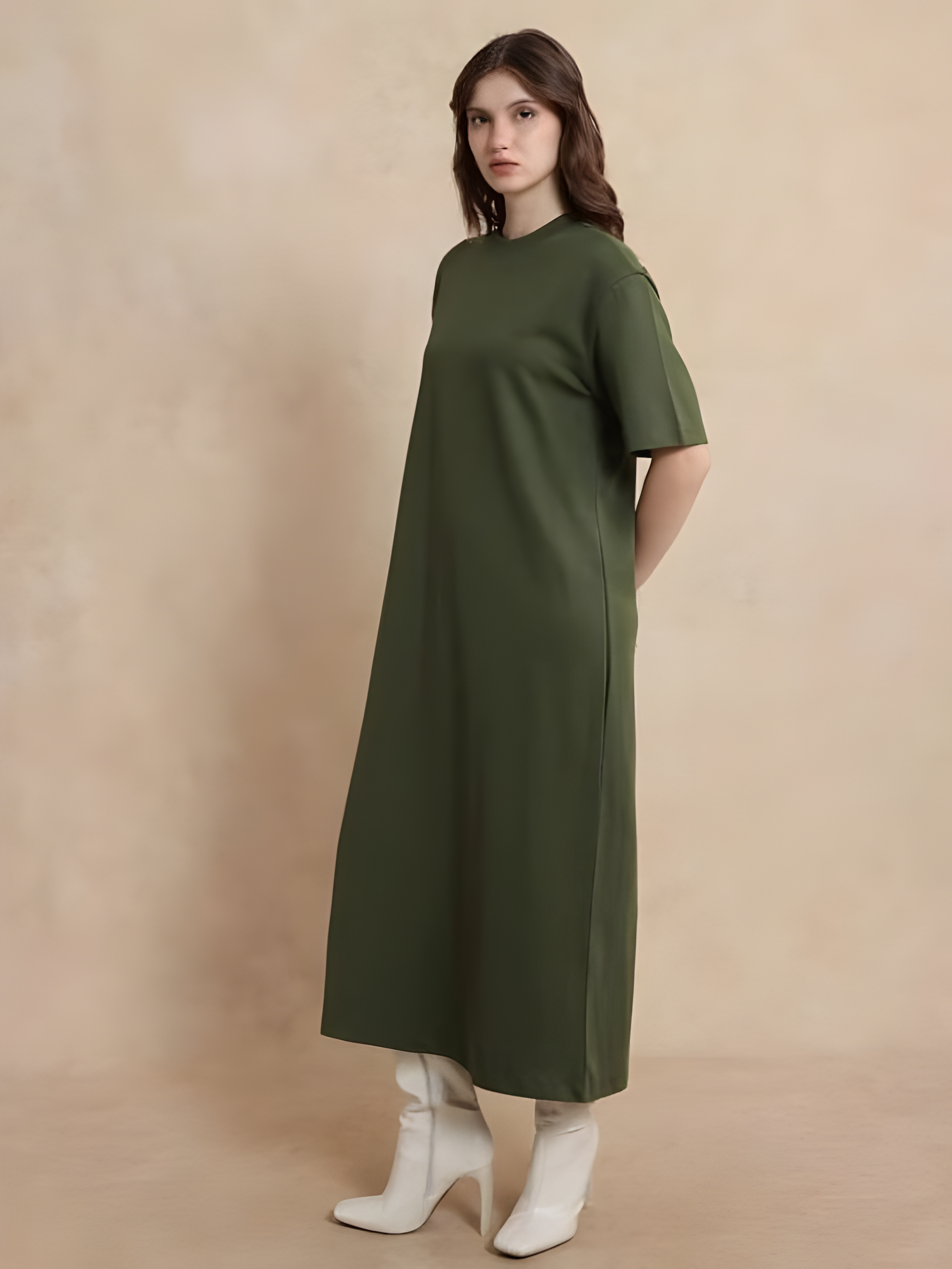 AFRINCA PRIMARY OLIVE Short Sleeves T-shirt Midi Cotton Dress
