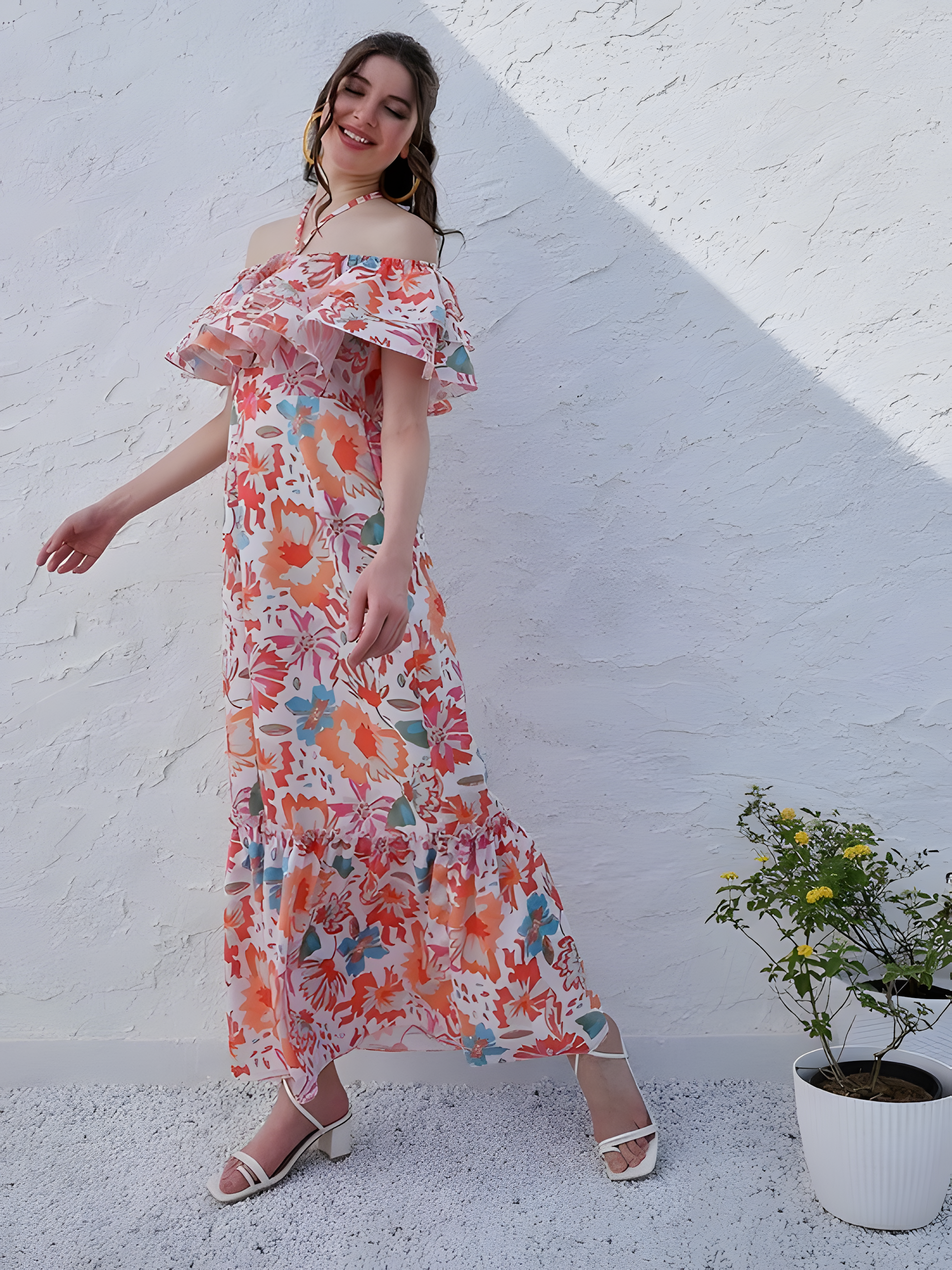 Floral Printed Halter Neck Tiered Gathered Crepe Maxi Dress - White