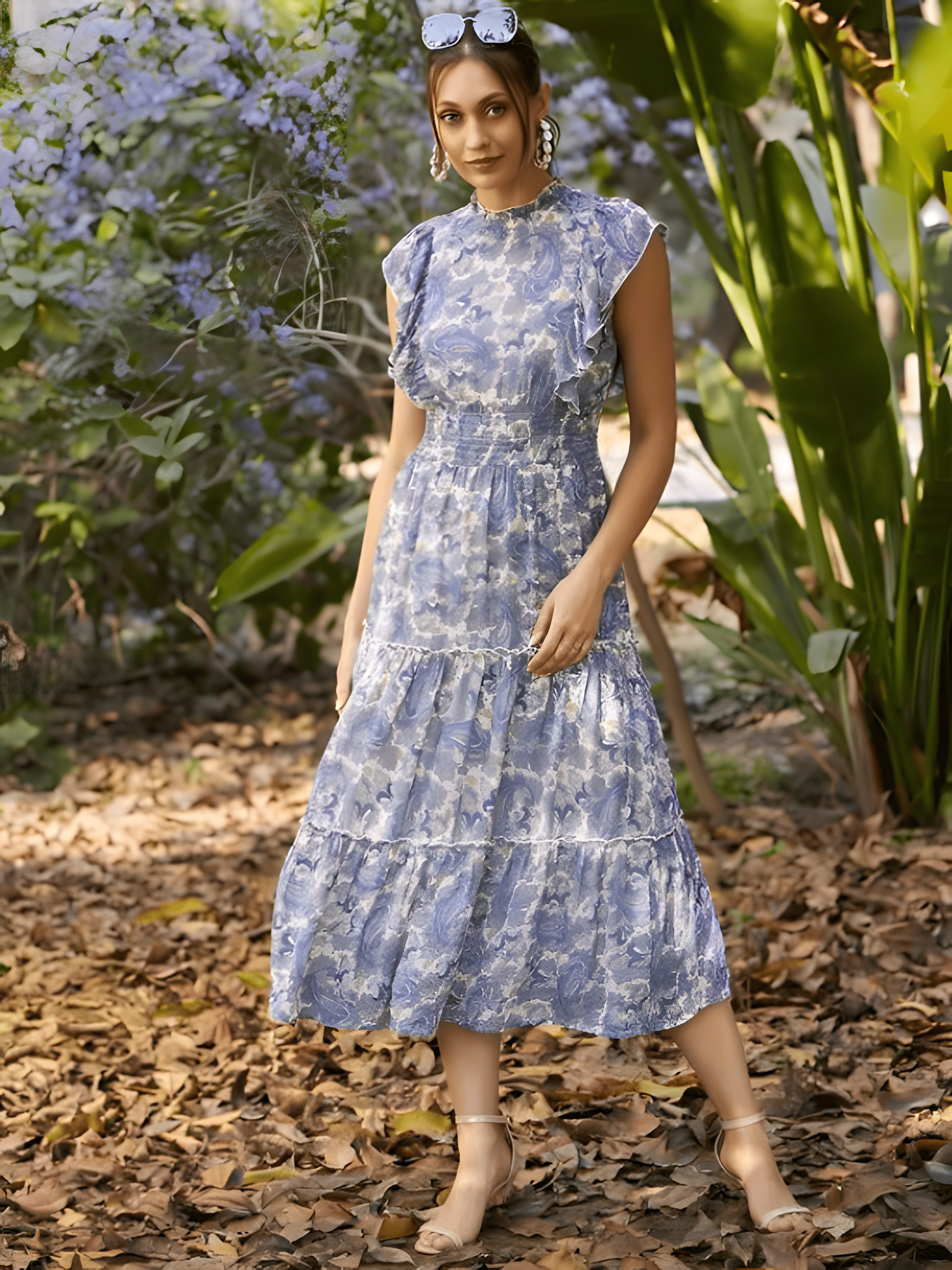 White Blue Ruffle Sleeveless Frill Maxi Dress Paisley Print Dress