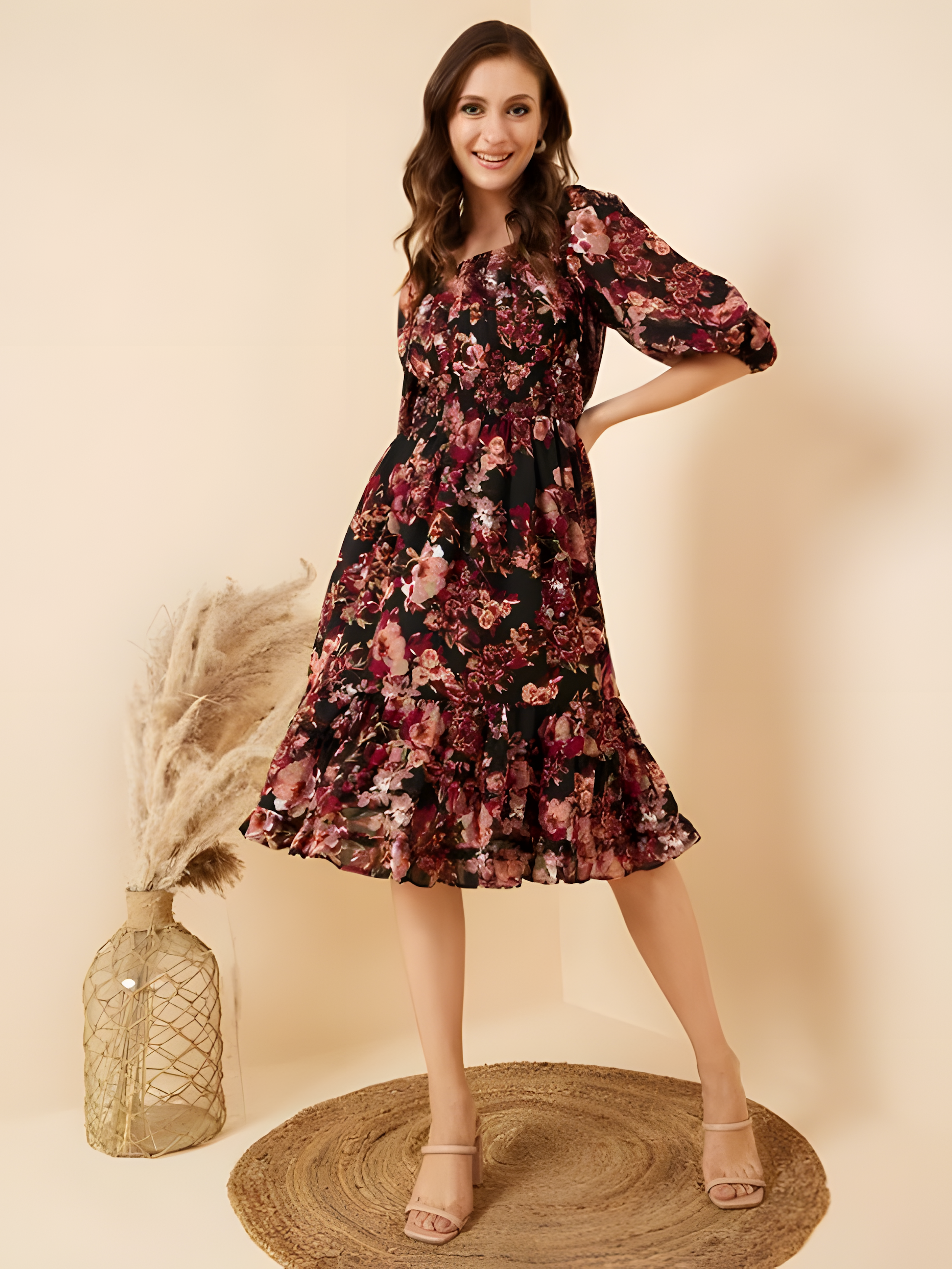 Women Casual Black Colour Midi Floral Dress