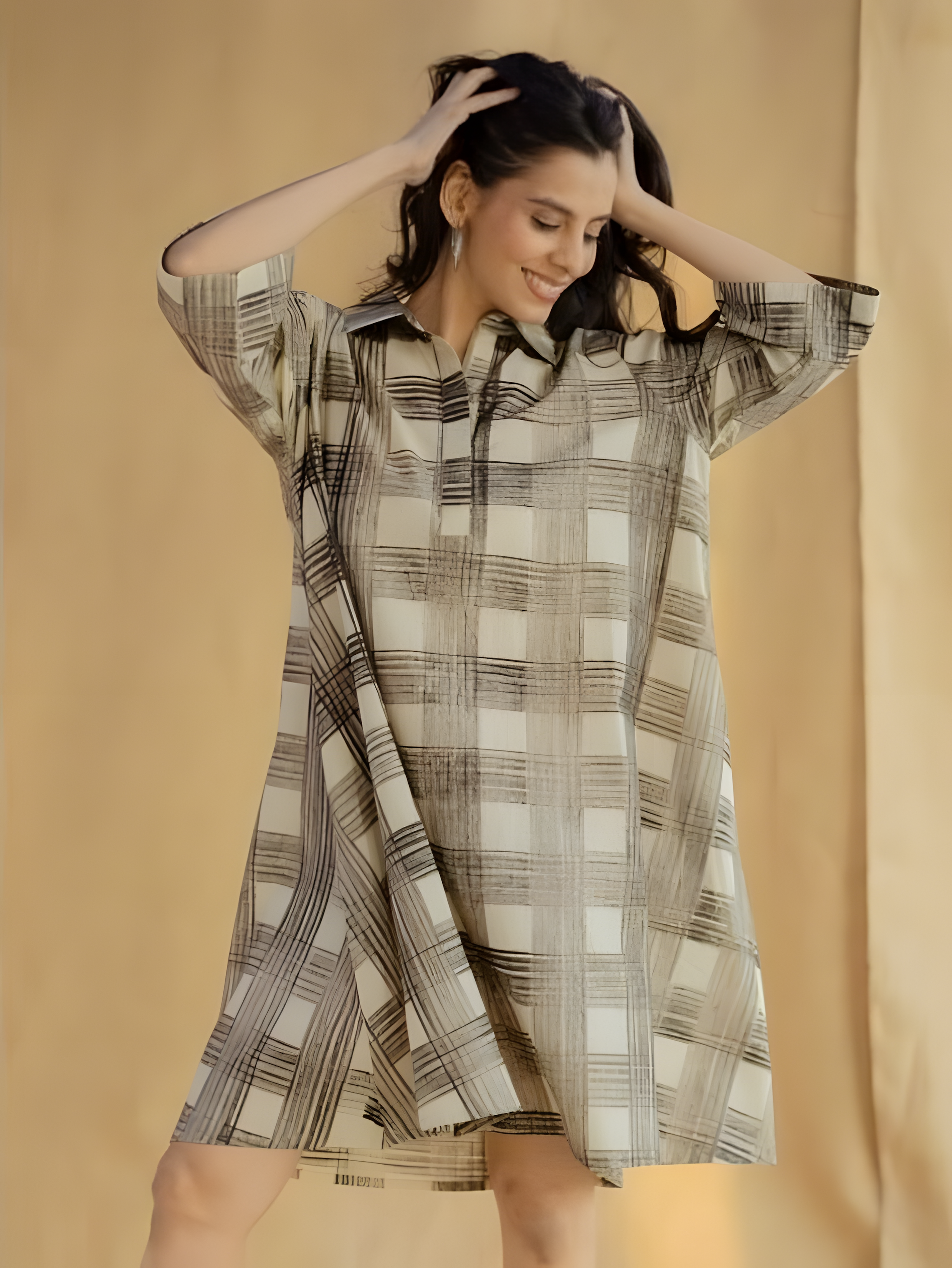 Women Checked Shirt Collar A-Line Dress