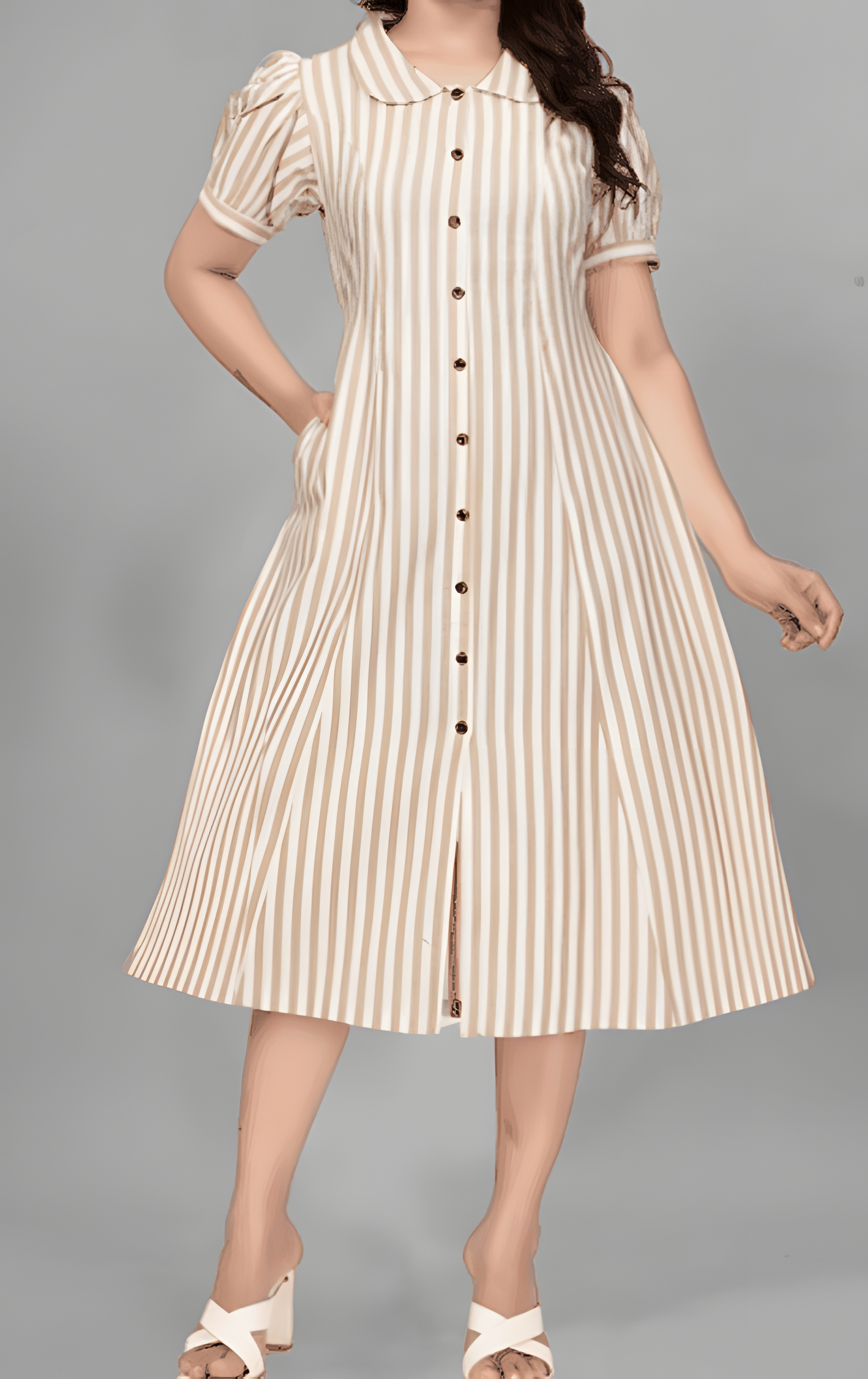 Women Cotton Striped Puff Sleeve A-Line Midi Dress