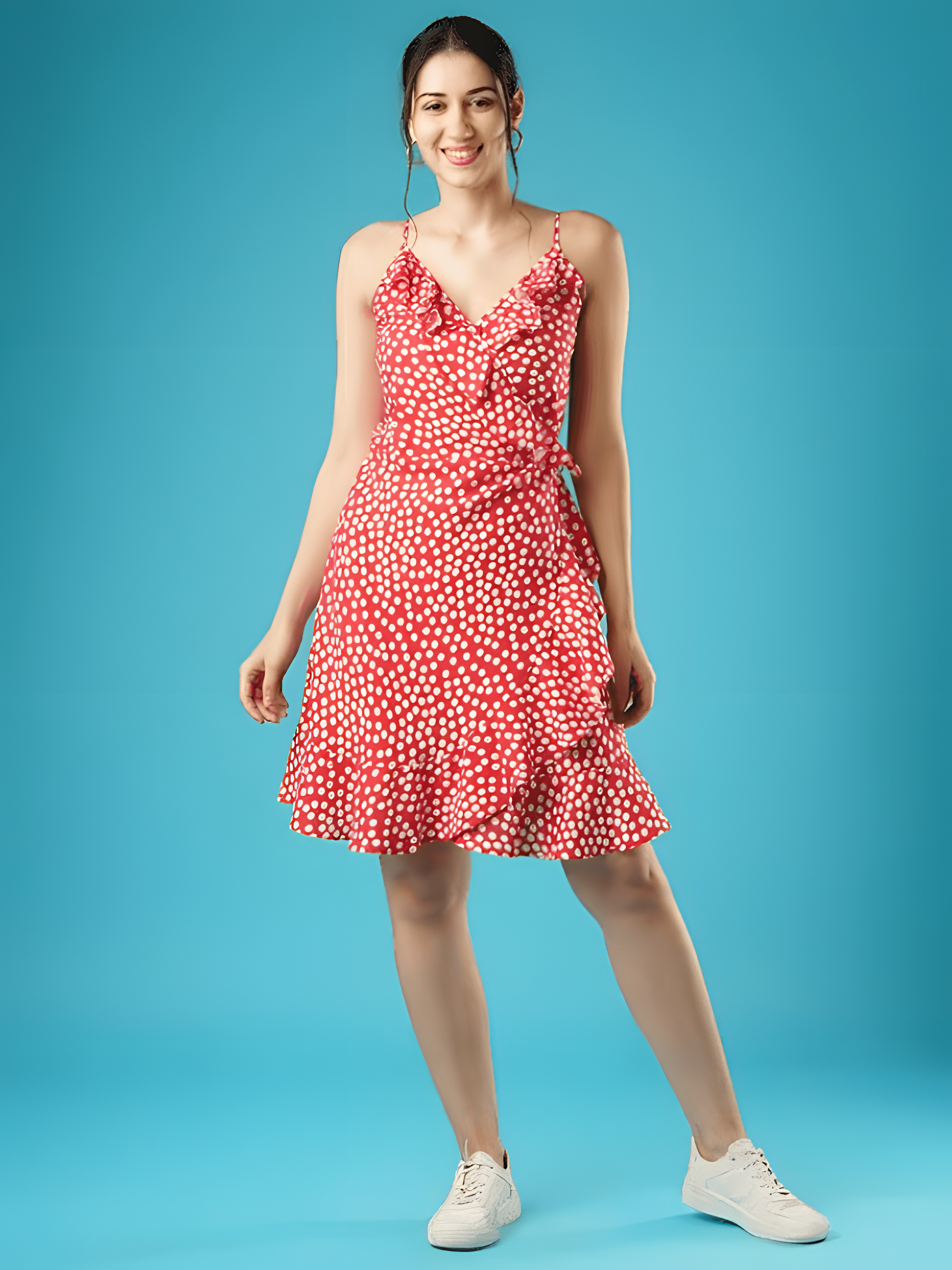 Women Red Polka Dots Frilled Wrap-Neck Strappy Shoulder Waist Tie-Up Fit & Flare Dress